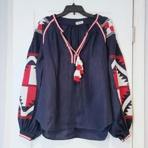 Fanm Mon Hand Embroidered Linen Peasant Blouse Navy Red EU 42 US M Artisan